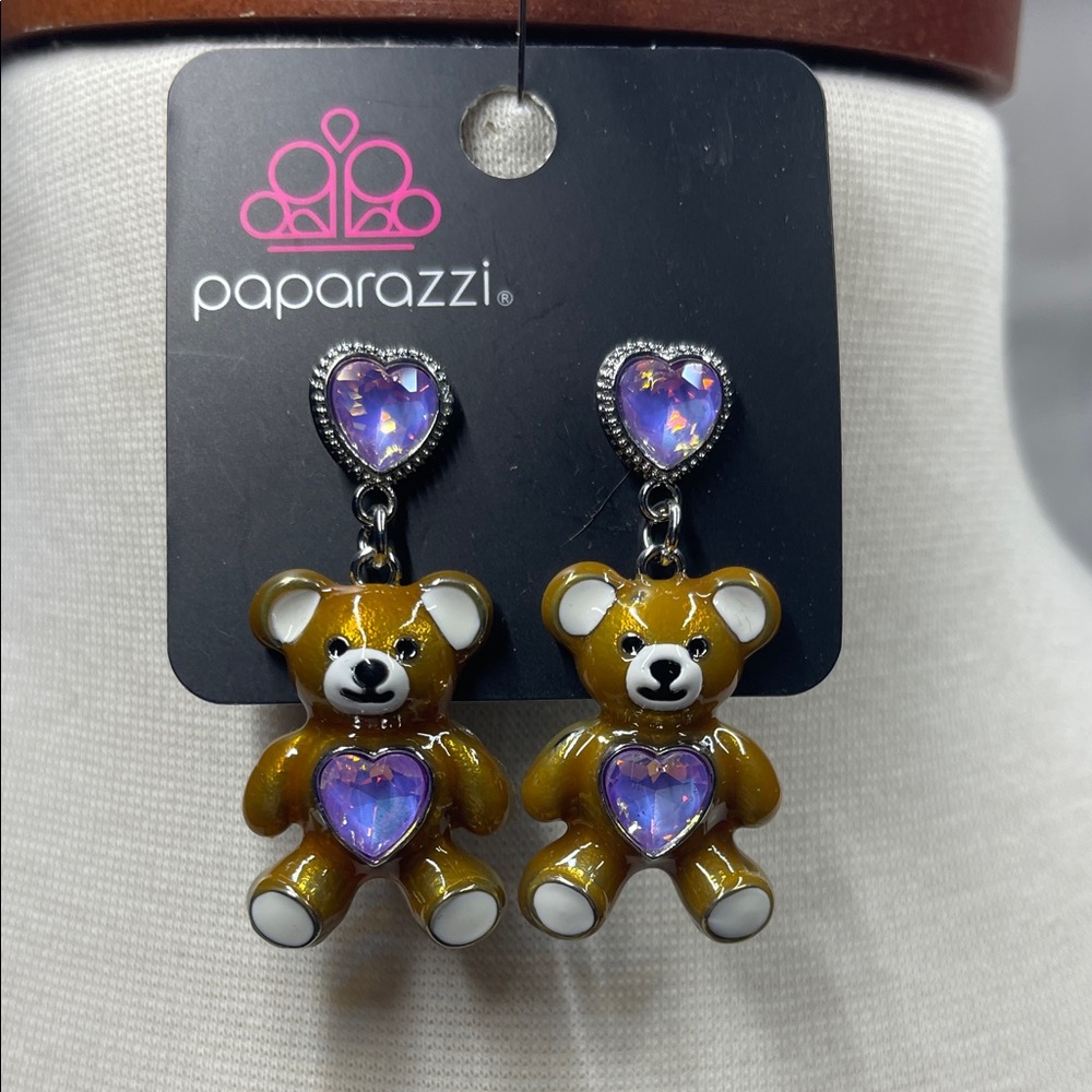 Paparazzi Brown Bear Earrings with Purple Hearts BNWT